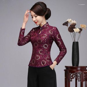 Camicia femminile stile tradizionale cinese Camicetta casual con colletto alla coreana Bottoni viola Tang pizzo Abbigliamento floreale Taglie forti S-4XL1