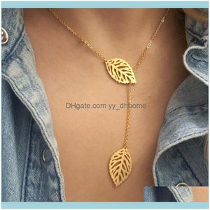 Ciondolo Gioielli Collane con ciondolo V Attira gioielli Boho Oro Ketting Girocollo Donna Acciaio inossidabile Collier Ciondolo a doppia foglia Ciondolo Lariat