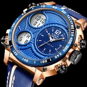 LIGE Erkekler Saatler Üst Marka Lüks LED Spor Su Geçirmez Chronograph Moda Erkekler Için Çift Ekran Deri Aydınlık Askeri Izle 210527