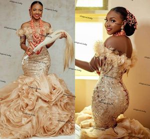 Champange Mermaid Aso Ebi Wedding Dresses Off Shoulder Sparkly Luxury Ruffles Tiered Skirt Lace-up African Arabic Bridal Gown