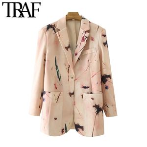 TRAF Women Fashion Single Button Printed Blazer Coat Vintage Long Sleeve Pockets Female Outerwear Chic Veste 211122