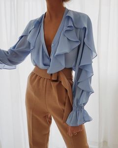 Kadınlar Vintage Ruffled Bluz Bahar Rahat Şifon Gömlek Ruffles Puf Kollu Uzun Kollu Dip Gömlek Derin V Yaka Üst