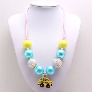 Mode Baby klobige Kaugummiperlen Halskette mit Schulbus Anhänger für Mädchen Kinder DIY Seil Kette Halskette Kinder Geschenk 1365 B3