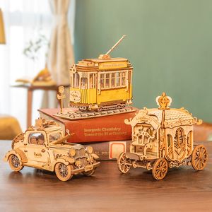 Kinds DIY 3D Transportation Wooden Model Building Kits Vintage Car Tramcar Carriage Toy Gift for Children Adult