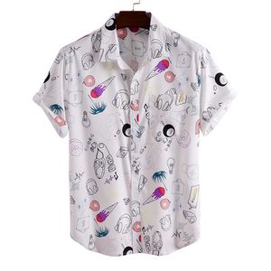Mode Hawaiian Shirt Mens Rolig stil Tecknad tryckta Kortärmad Vit Skjortor Män Blus Plus Storlek Koreansk Kläder 210708