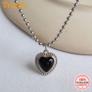 TrustDaivs 100% Sterling Silver 925 Necklace Fine Black Agate Heart Charms Beads Pendant Jewelry Gift for Women DA1664 Q0531