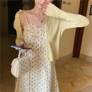 S-4XL Women 2pcs Set Summer Floral Print Spaghetti Strap Long Dress+Fashion Solid Knitted Cardigans Suits Plus Size 210601