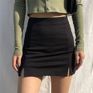 Saias mulheres preto split escritório senhoras cintura alta elegante magro mini saia estudante na moda simples 220221