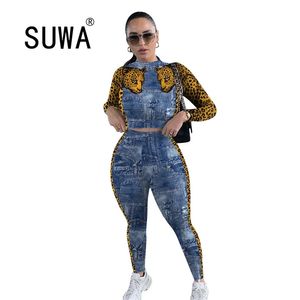 -Selling Ladies Two-Piece Stitching Denim Print Top Tunic Pencil Pants Set per le donne Cool Girl Streetwear Workout Clothes 210525