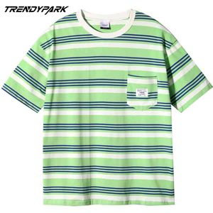 ヒップホップストリートウェアTシャツストライプヴィンテージTシャツ原宿コットンメンズ夏半袖特大Tシャツポケットトップスポーツ210601