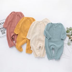 Ins Primavera Baby Boys Macacões Botão Frente Manga Longa Queda Orgânica Algodão Recém-nascidos Jumpsuits Em Branco Amarelo Bebê Meninas Onesies para 3-18m 386 U2