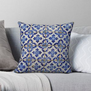 Federa per cuscino in piastrelle portoghesi. Federa quadrata con fiori e foglie blu, in poliestere, lino, velluto, con cerniera, decorazione per letto, 45 x 45 cm