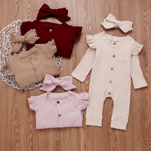 Baby Girls Solid Rompers 4 Design Cotton Long Sleeve Single Button Ruffle Jumpsuit Kids Onesies Girls Outfits 0-3T 04 26 Y2
