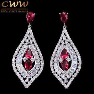 High Quality Baguette Shape Blue Red Cubic Zirconia Women Long Drop Wedding Prom Earring Jewelry Accessories CZ241 210714