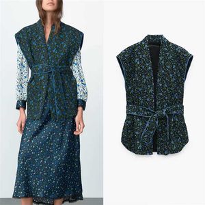 ZA est 가을 인쇄 파카 조끼와 벨트가있는 꽃 면화 와이토 코트 여성 민소매 겨울 자켓 Outwear 211008