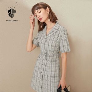 Fansilanen Office Lady Short Plaid Blazer Dress Kvinnor Ärm Grå Bälte Elegant Sommarknapp Upp Tillfälligt ES 210607