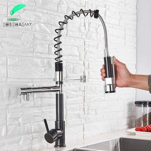 SHBSHAIMY Black and Chrome Spring Kitchen Faucet Mikser zimny Water Tap Golden Pull Down Kitchen Sink Crane Dual Swivel Spout 210719