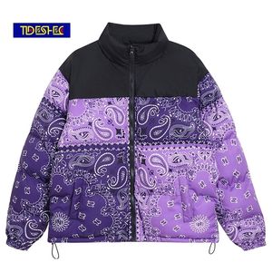 Zipper Warm Jacket Cashew Flower Print Parka Men Streetwear Padded Winter Down Outwear Hip Hop Harajuku Coat 220301