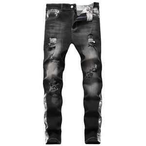 Erkek popüler genç erkek yırtık sıska fermuar slim fit rahat pantolon pantolon kot erkekler x0621