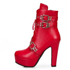 Kobiety botki platforma zasznurować szpilki krótkie buty damskie klamra czerwony żółty biały okrągły nosek seksowne buty damskie duży rozmiar 48 Y0905