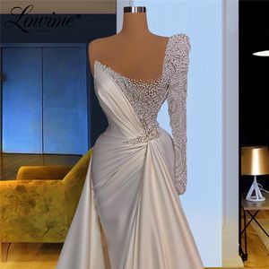2021 Weiß Satin Abendkleider Für Frauen Perle V-ausschnitt Meerjungfrau Prom Party Kleider Lange Wrap Formale Robe De Soiré