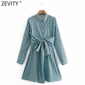 Zevity Women Vintage Turn Down Collar Leaves Print Wrapped Kimono Mini Dress Office Lady Long Sleeve Chic Sashes Vestido DS4761 210603