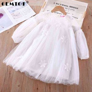 2022 New Arrival Girls Fashion Dress Long Sleeve White Mesh Dress Party Dress Little Princess 4-10 Year Old Teen Girl G1215