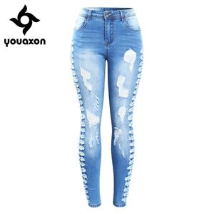 2145 Youaxon Arrived Plus Size Stretchy Ripped Jeans Woman Side Distressed Denim Skinny Pencil Pants Trousers For Women 210809