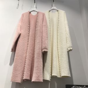 New Women's fashion mohair wool knitted warm thickening beading loose long sleeve midi long sweater cardigan coat