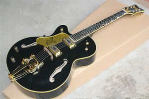 Left Handed 6120 Black Falcon Semi Hollow Body Jazz Electric Guitar Ebony Fingerboard with Korean Imperial Tuners Gold Sparkle Binding Double F Hole Bigs Tremolo