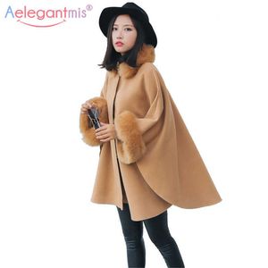 Aelegantmis Herbst Winter Frauen Capes und Ponchos Mode Rollkragen Faux Pelzmantel Dame Flare Hülse Lange Strickjacke Mantel 210607