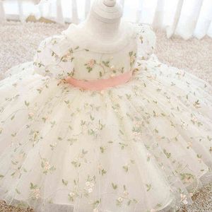 Toddler bebê vestido vestido vestidos de flor baptismo menina roupa laço bordado primeira festa de aniversário princesa laço tutu vestido g1129