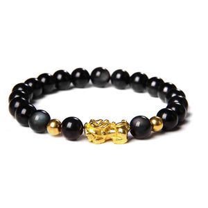 Feng shui pulseira sorte riqueza buddha preto obsidiano pedra frisada pulseira ouro charme pixiu pulseira para homens mulheres jóias