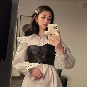 Matching Sets Casual Loose White Turn Down Collar Flare Sleeve Shirt Dress Women Mini + Sexy Black Pu Leather Camisole Tops 210610