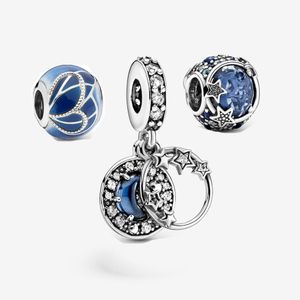 Ny 925 Sterling Silver Blue Stars Style Sky Crescent Moon And Stars Dangle Charm Fit Pandora Bracelet DIY Smycken Q0531