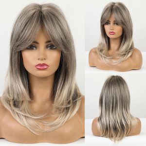 Ombre Grey Highlight Blonde Medium Wavy Synthetic Wig Hair Natural Cosplay Layered Wigs with Side Bangs for Women Heat Resistantfactory dire