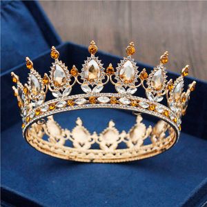 2020 Yeni Moda Sarı Kristal Metal Gelin Tiaras Ve Kron Kraliyet Kraliçe Kral Gelin Diadem Balo Düğün Taç Saç Takı X0625