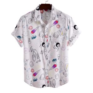 Mode Hawaiian Shirt Mens Rolig stil Tecknad filmtryckta Kortärmad Vit Skjortor Män Blus Plus Storlek Koreansk Kläder 210527