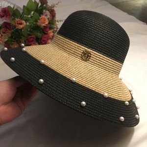 خمر قبعة لؤلؤة سوداء لسيدة أزياء الصيف القش محبوك القبعات في الهواء الطلق شاطئ واقية من الشمس قبعات قبعات قابلة للطي