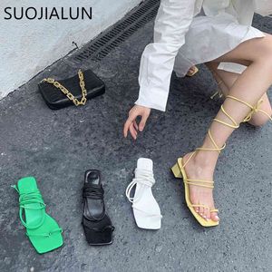 SUOJIALUN Women Sandals Low Heel Lace Up Back Strap Summer Gladiator Shoes Square Low Heel Casual Sandal Narrow Band Zapatos Mu K78