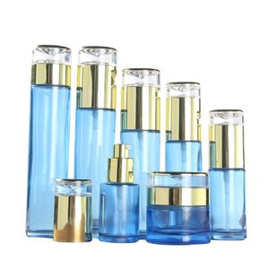 Sprayflaska Tomt Blå Glas Guld Akryl Lock Kosmetisk behållare Refillerbar Flaska 30g 50G Cream Jar Lotion Pump Emulsionsflaskor 20 ml 30 ml 60 ml 100 ml 120 ml