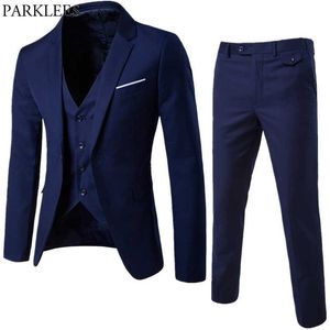 Mäns Formal Business Slim Fit Navy Blue 3pc Passar (Jacka + Byxor + Vest) 2019 Vår Ny En knapp Notched Lapel Kostym Homme X0909