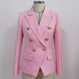 HIGH QUALITY Fashion Designer Blazer Women's Slim Fitting Metal Lion Buttons Double Breasted Jacket Baby Pink 211006