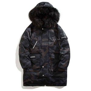 White pato para baixo jaqueta de inverno masculino longo para baixo parkas outwear casaco moda colar de pele camuflagem longa engrossar casaco quente M-3XL G1115