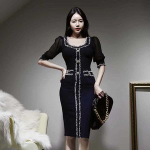 Office Work Wear Ladies O-Neck Sheath Dresses Half Sleeve Female Tassel Patchwork Pencil Dress Women Vestidos Summer 210529