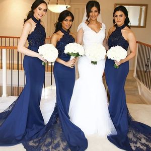 Navy Blue Simple Hater Bridesmaid Dresses Lace Appliques Floor Length Mermaid Prom Party Gown Beads Long Maid Of Honor Dress