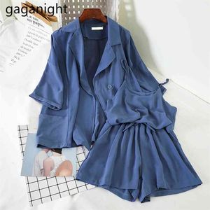 Women Three Pieces Set Solid Office Lady Summer Suit Short Sleeves Blazer Camis Elastic Waist Fashion Outfits 210601