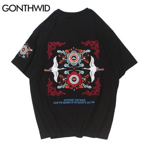 Gonthwid Tshirts Hip Hop Streetwear 남성 자수 크레인 꽃 코튼 티셔츠 캐주얼 하라주쿠 느슨한 짧은 소매 티셔츠 C0315
