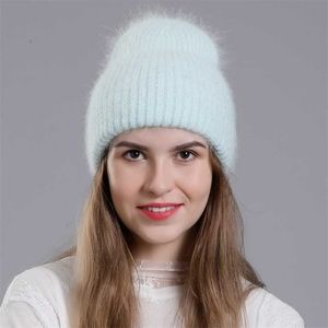 Cntang chapéu de inverno moda chapéus de pele de coelho real para mulheres eslásticos quentes gorros com lantejoulas alta flanging bonés 211229