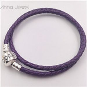 High quality Fine Jewelry Woven 100% genuine Leather Bracelet Light purple Mix size 925 Silver Clasp Bead Fits Pandora Charms Bracelet DIY Marking  for women men gifts